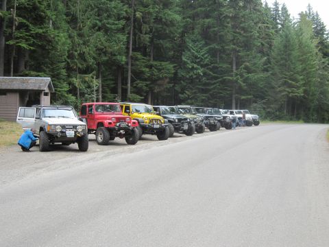 2008 Jeep Wrangler - A convoy of Jeeps are parked in a line on a dirt shoulder next to a forest road.