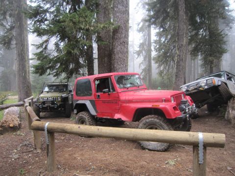 2008 Jeep Wrangler - Three off-road vehicles, including a red Jeep Renegade, are parked in a misty forest setting.