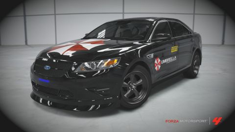 2000 Mercury Grand Marquis - This black sedan features Umbrella Corporation livery, including logos on the hood and doors.