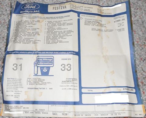 1991 Ford Festiva - This 1992 Festiva window sticker details its MPG, optional equipment, and total price.