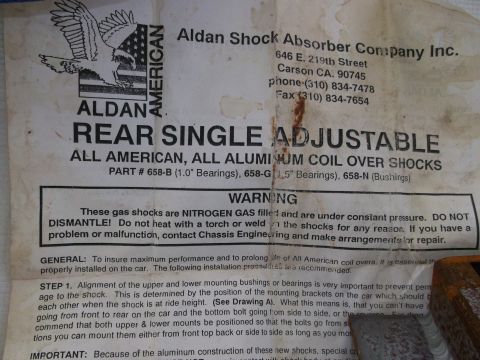 1971 Ford Ranchero - Document detailing Aldan Rear Single Adjustable All American, All Aluminum Coil Over Shocks.