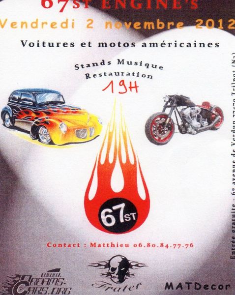 1991 Ford LTD Crown Victoria - Event poster for a 67st Engine's American car and motorcycle gathering with hot rod and chopper art.