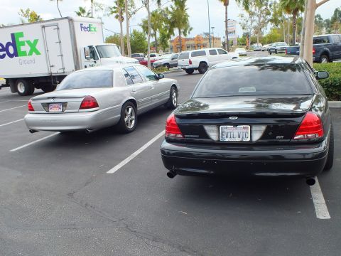 2003 Ford Crown Victoria - Black Crown Victoria showing EVIL VIC plate and SVT badge parked next to a silver Marauder