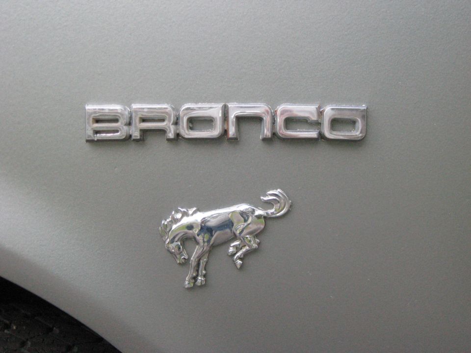 Chrome Bronco nameplate and running horse emblem on a silver vehicle body