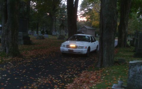 1998 Ford Crown Victoria - A white 1998 Ford Crown Victoria is parked on a path in a cemetery, surrounded by trees and gravestones.