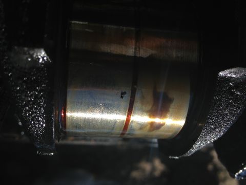1987 Ford Ranger - This image shows a close-up of a worn engine bearing, likely from a "Tear Down" section, with visible oil stains and a red stripe.
