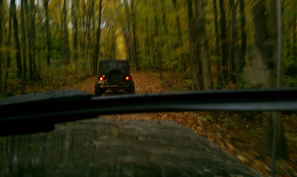 Jeep driving down a tree-lined dirt road in the fall