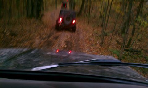 1979 Ford Bronco - Two SUVs drive down a wooded dirt road covered in fallen leaves.