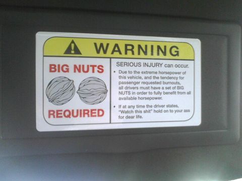 2003 Ford Crown Victoria - A humorous warning sticker on a car's sun visor advises "BIG NUTS REQUIRED" and warns of serious injury due to extreme horsepower.