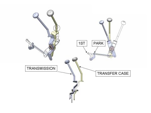 1978 Ford Bronco - Parts illustration of transmission and transfer case shifter levers and linkage with 1st and Park positions called out.