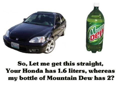 1995 Ford Bronco - A humorous comparison between a car's engine displacement and a soda bottle's volume.
