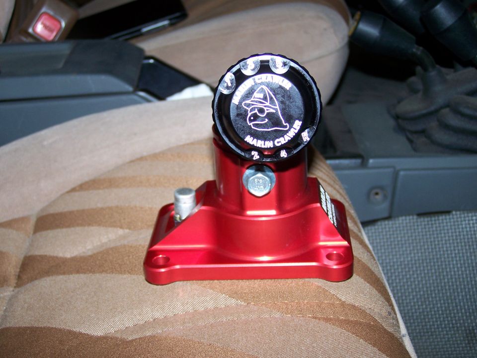 Red Marlin Crawler transfer case shifter knob with cartoon character and text