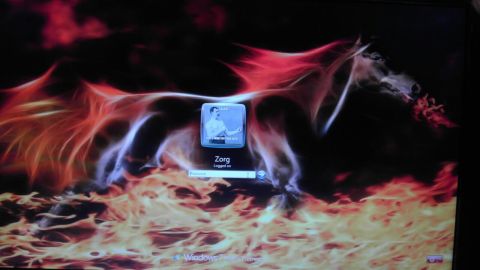 2000 Mercury Grand Marquis - Computer screen shows a fiery horse wallpaper with a login prompt for user Zorg.
