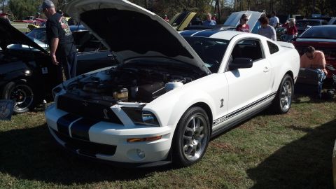 2007 Ford Mustang - A white 2007 Ford Mustang GT500 with racing stripes is displayed with its hood open at an outdoor car show.