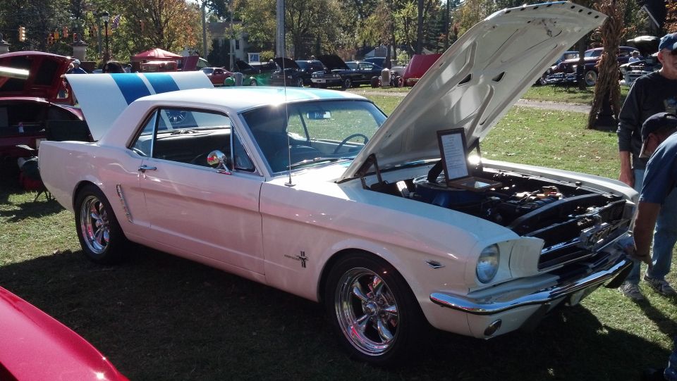White 1965 Ford Mustang coupe with blue stripes on the trunk lid and hood, parked at an outdoor car show. Hood is open showing the engine