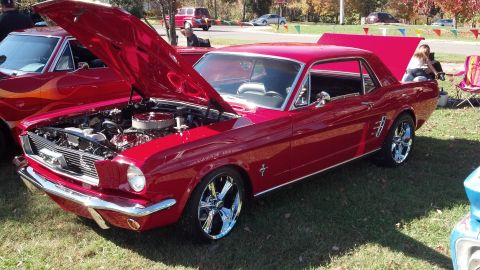 2007 Ford Mustang - A classic red Ford Mustang is displayed with its hood and trunk open, revealing its engine and interior.