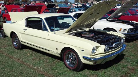2007 Ford Mustang - A cream 1965 Ford Mustang coupe is displayed with its hood open at an outdoor car show.