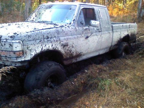 1993 Ford F-150 - This 1993 Ford F-150 is deeply stuck in thick mud, with its tires submerged.