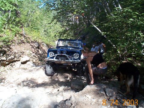 1977 Ford Bronco - A blue off-road vehicle navigates a challenging rocky terrain with trees and foliage surrounding the path.