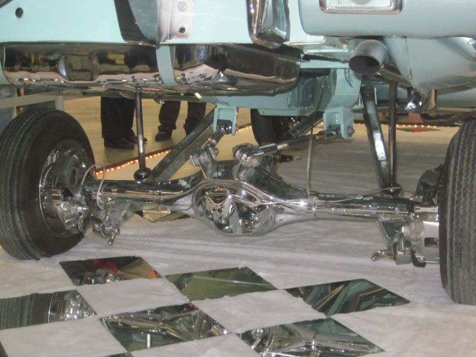 Chrome-plated rear axle and suspension components on a custom vehicle