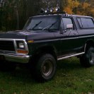 1979 Ford Bronco - This black Ford Bronco is parked outdoors on a grassy area with trees in the background.