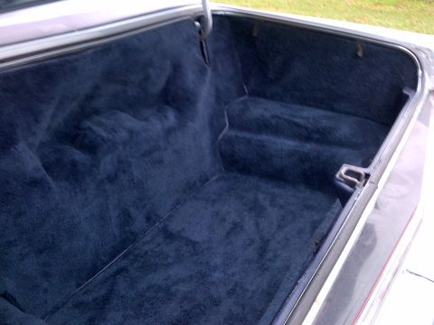 2001 Ford Crown Victoria - The interior of a car's trunk is lined with dark blue carpet, showing the floor and side panels.