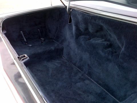 2001 Ford Crown Victoria - The interior of a car trunk is shown with dark blue carpeting and tie-down straps.