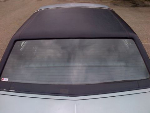 2001 Ford Crown Victoria - The rear of a car shows a dark vinyl roof and a large rear window with defroster lines.