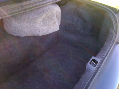 2001 Ford Crown Victoria - The interior of a car trunk is shown, dark carpeting and a padded cover.