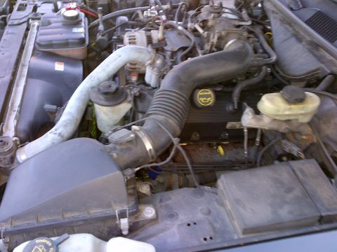 2001 Ford Crown Victoria - The engine bay of a vehicle, showing various components and hoses.