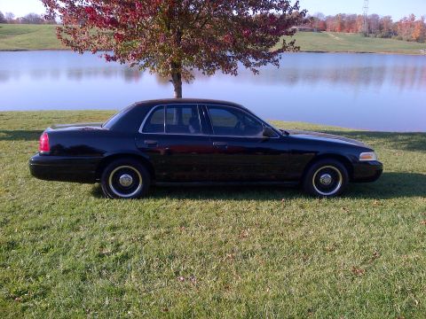 2001 Ford Crown Victoria - A black 2001 Ford Crown Victoria is parked on a grassy area next to a calm lake, with a tree overhead.