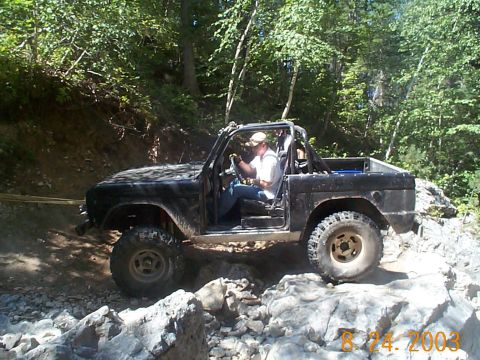 1977 Ford Bronco - A black 1977 Ford Bronco navigates a challenging rocky terrain on a wooded trail.