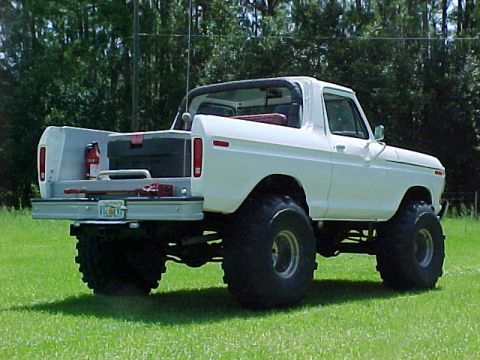 1978 Ford Bronco - This lifted pickup truck, possibly a Ford Bronco, is shown from a three-quarter rear view on a grassy field.