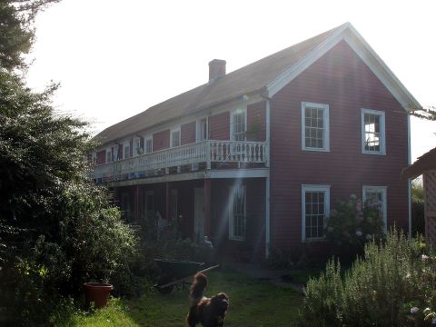 1991 Ford Bronco - A red house with a balcony and surrounding garden, with a dog in the foreground.