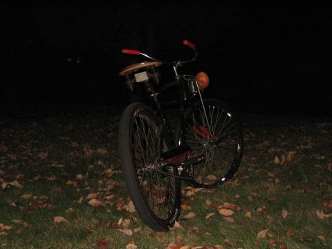 1994 Ford Bronco - A vintage bicycle sits on a grassy area covered in fallen leaves during the nighttime.