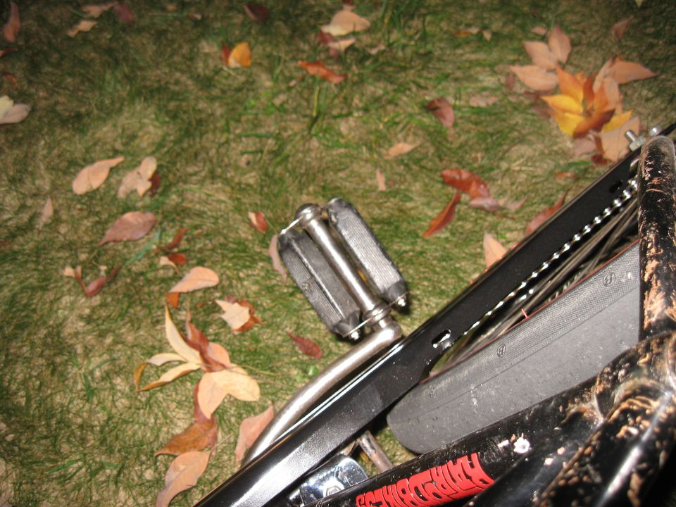 Close-up of a bicycle pedal and chain on grass with fallen leaves. Red lettering is visible on the frame