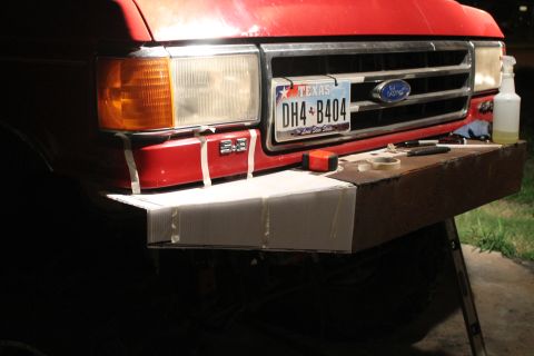 1990 Ford Bronco - Custom bumper fabrication on a 1990 Ford Bronco front end. Texas plate DH4-B404 is visible.