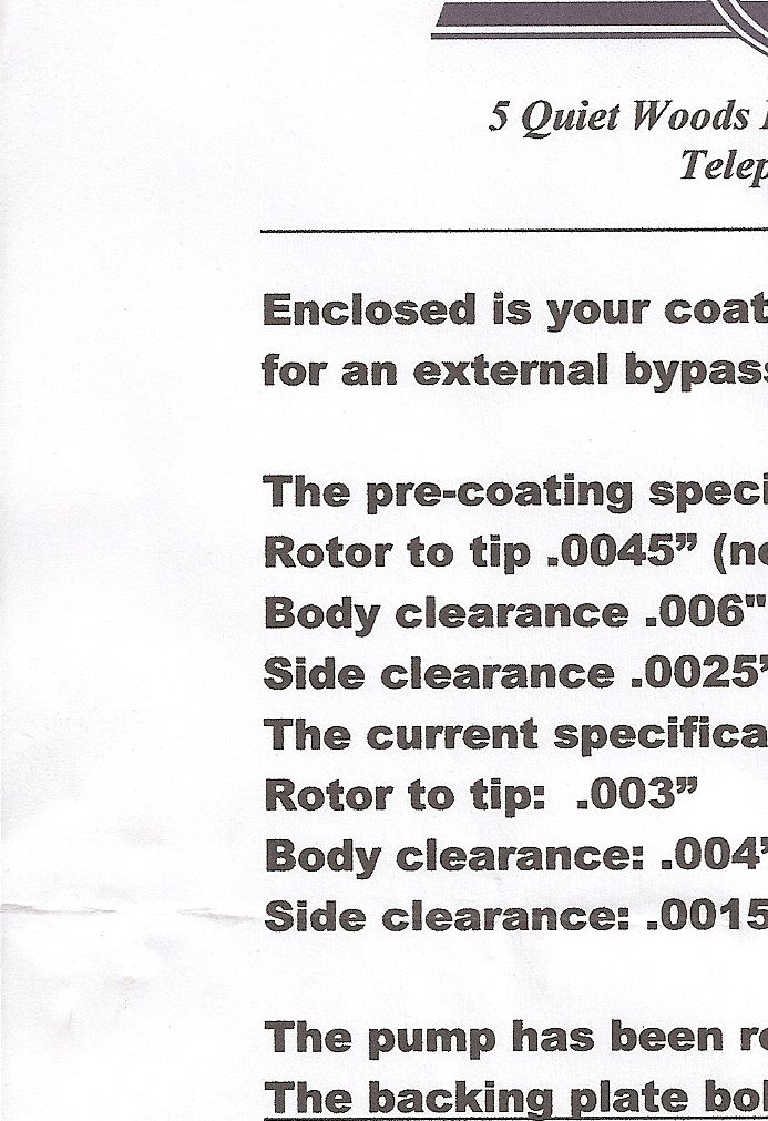 Document with text about specifications for a pump, including rotor to tip and body clearance measurements