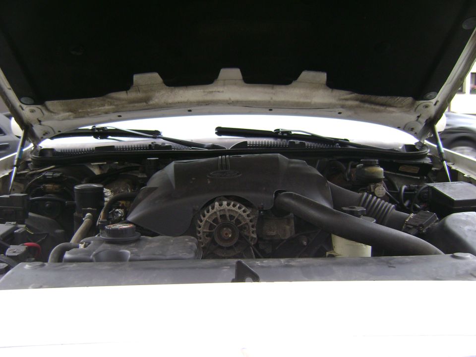 Engine bay of a 1998 Ford Crown Victoria. Shows the alternator, air intake, and coolant reservoir