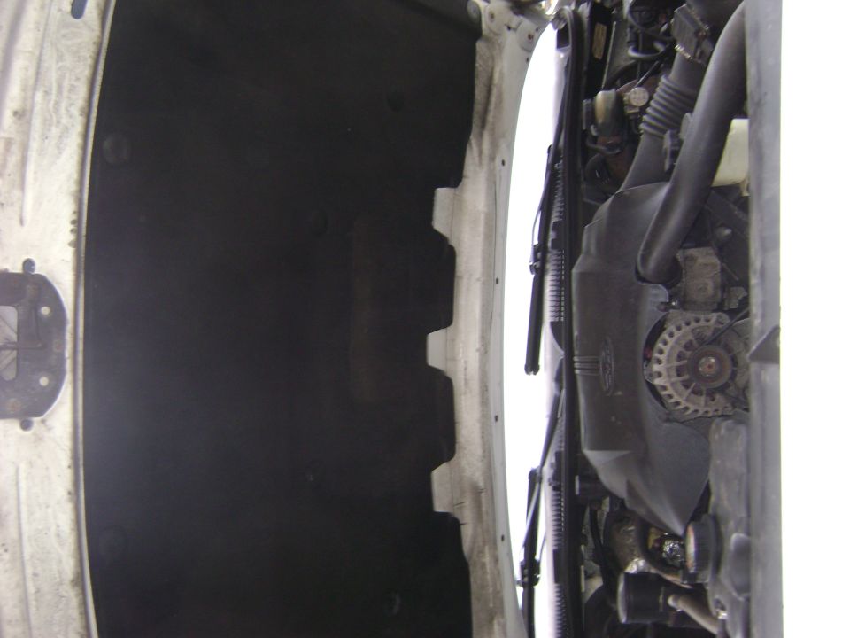Engine bay with hood insulation visible on the left and engine components on the right