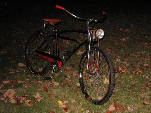 1994 Ford Bronco - A black cruiser bicycle with red accents sits on grass covered in fallen leaves.