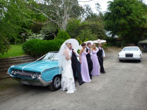 1969 MINI Cooper - Wedding party poses with a turquoise convertible and a white sedan in a scenic outdoor setting.