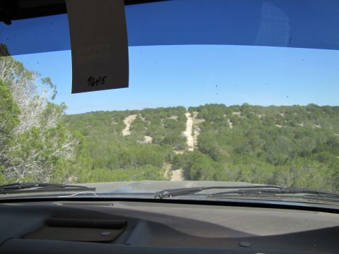 1995 Ford Bronco - View from inside a vehicle as it navigates a dirt road through a scenic, tree-covered terrain.