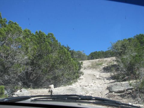 1995 Ford Bronco - Driving up a rough, rocky path through a wooded area under a clear blue sky.