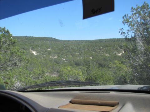 1995 Ford Bronco - The view from the dashboard shows a clear blue sky and a landscape covered in trees and brush.