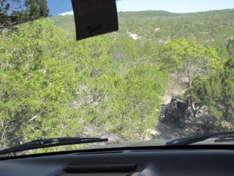 1995 Ford Bronco - Off-road vehicle driving on a challenging dirt path through a dense, green forest.