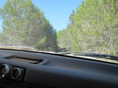 1995 Ford Bronco - View from inside a vehicle driving down a road surrounded by trees.