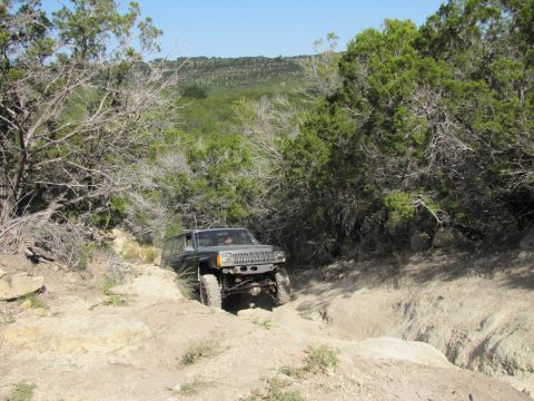 1995 Ford Bronco - A dark Jeep Cherokee XJ navigates a challenging off-road trail with rocky terrain and dense vegetation.