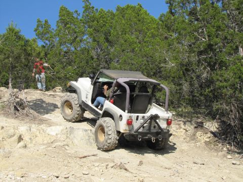 1995 Ford Bronco - Jeep Wrangler navigating a challenging off-road trail with dense trees and blue sky.