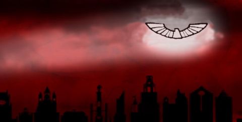 1997 Ford Thunderbird - A graphic depicts a bird emblem against a red, cloudy sky above a silhouetted city.